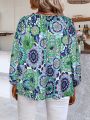 Plus Size Women's Floral Printed Tie Neck Blouse