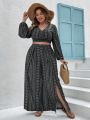 SHEIN VCAY Plus Size Women's Printed Cropped Shirt And Split Skirt Two Piece Set