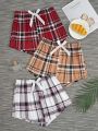 Ladies' Plaid Pajama Set With Bowknot Decor, 3pcs