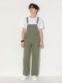 Teen Boys' Denim Dungarees And Jumpsuit, New Casual Green, Four Seasons, Washed Denim Dungarees