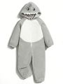 SHEIN Kids QTFun Toddler Boys' Lovely Comfortable Animal Embroidery Design 3d Shaped Hat With Color Block Jumpsuit And Plush Pants