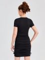 SHEIN Teen Girls' Slim Fit Knit Ribbed Ruched Dress With Round Neckline