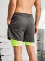 Men's Color Block Drawstring Waist Sport Shorts, 2 In 1 Style