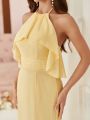 SHEIN Belle Chiffon Bridesmaid Dress With Halter Neck, Gathered Waist, Pleated Detail And Slight Fish Tail