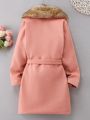 SHEIN Kids QTFun Girls' (big) Solid Color Wool Coat With Suit Collar And Fur Collar