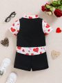 SHEIN Baby Boys' Gentleman Outfits, Heart Pattern Casual Shirt, Solid Color Vest, Shorts, 3pcs/set