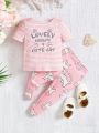 SHEIN Baby Girl Striped Letter Printed Short Sleeve Top And Cartoon Patterned Leggings Homewear Set