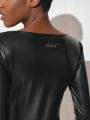 Janis Chow Women'S Long Sleeve Pu Leather Bodysuit Jumpsuit