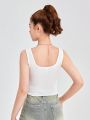 SHEIN Teenage Girls' Knitted Tank Top Set With Notch Neckline, 3pcs