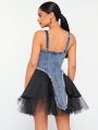 XAX Contrast Color Mesh Panel & Pearl Decorated Denim Cami Dress