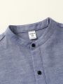 SHEIN Boys' Casual Mandarin Collar Half Button Short Sleeve Woven Loose Shirt