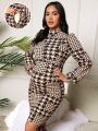 SHEIN Maternity Houndstooth Print Stand Collar Nursing Dress