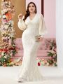 SHEIN Belle Plus Size Embroidered Beaded Dress With Bubble Sleeves And Fish Tail Hemline For Evening Party