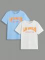 SHEIN Kids EVRYDAY Boys' Fashionable Casual T-Shirt With Letter Print And Color Block Design, Round Neck