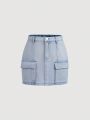 SHEIN Teen Girl's Casual High Waist Bodycon Mini A-Line Denim Skirt With Cargo Pocket Detail