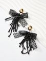 SHEIN Belle 1pair Black Mesh Bow Tassel Earrings