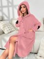 Heart Pattern Drop Shoulder Hooded Flannel Sleep Robe