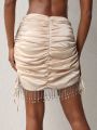 Leslie Samano Rhinestone Fringe Trim Drawstring Side Satin Bodycon Skirt