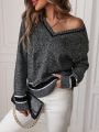 V-Neck Striped Decor Long Sleeve Sweater