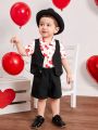 SHEIN Baby Boys' Gentleman Outfits, Heart Pattern Casual Shirt, Solid Color Vest, Shorts, 3pcs/set