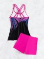 SHEIN Swim Classy Women's Cropped Cross Back Tank Top & High Waisted Bikini Set With Circular Rings Decoration
