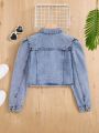 SHEIN Teen Girl's Casual Loose Fit Bubble Sleeve Denim Jacket