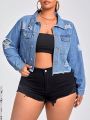 SHEIN Privé Plus Size Ripped Detail Raw Hem Denim Jacket