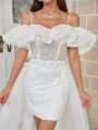 SHEIN Belle Off Shoulder Glittery Mesh & Sequin Patchwork Wedding Dress With Train