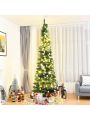 Gymax 8Ft PVC Artificial Pencil Christmas Tree Green Slim w/ Stand Home Holiday Decor
