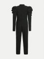 SHEIN Tween Girl Pearls Beaded Gigot Sleeve Mock Neckline Jumpsuit