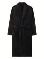 Men Solid Belted Dual Pocket Flannel Lounge Robe