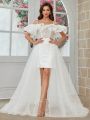 SHEIN Belle Off Shoulder Glittery Mesh & Sequin Patchwork Wedding Dress With Train
