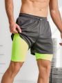 Men's Color Block Drawstring Waist Sport Shorts, 2 In 1 Style