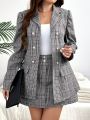 SHEIN Privé Plus Size Women's Double Breasted Plaid Suit Jacket And Skirt Set