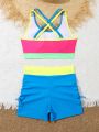 Tween Girl Colorblock Round Neck Top & Shorts Swimsuit Set