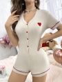 Heart Embroidery Contrast Binding Romper Shorts For Home Wear