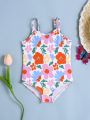 SHEIN Baby Girl's Casual Floral Printed Halter One-Piece Swimsuit For Summer Vacation