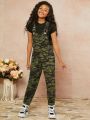 Girls Camo Print Pocket Drawstring Waist Jumpsuit
