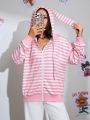 SHEIN Qutie Rabbit Ear Decorated Striped Zip Up Hoodie