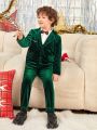 SHEIN Young Boy Single Breasted Velvet Blazer & Pants & Bow Tie Shirt