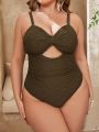 SHEIN Swim Basics Plus Size Women's Solid Color Button Front Cut Out One-Piece Cami Swimsuit With Hollow Out