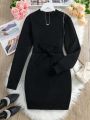 Female Teenagers Solid Color Fitted Casual Sweater Dress