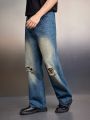 Manfinity Unisex Men's Regular Fit Non-stretch Mid-rise Casual Jeans With Distressed Details
