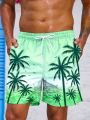 Manfinity Swimmode Men's Drawstring Waist Coconut Tree Printed Beach Shorts With Pockets