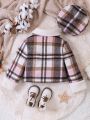 Young Girl Plaid Print Borg Collar Flap Pocket Overcoat With Hat