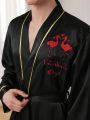 1pc Men's Robe With Text And Crane Print