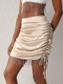 Leslie Samano Rhinestone Fringe Trim Drawstring Side Satin Bodycon Skirt