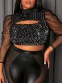 SHEIN Slayr Women'S Plus Size Mesh Patchwork Sparkly T-Shirt With Cutout Leg Of Muttons Sleeves