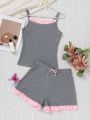 SHEIN Teenage Girls' Color Block Cami Top With Ruffle Hem & Shorts Sleepwear Set