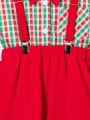 SHEIN Kids FANZEY Young Boy'S Pocket Front Plaid Short Sleeve Shirt And Suspender Shorts Gentleman Outfit Set